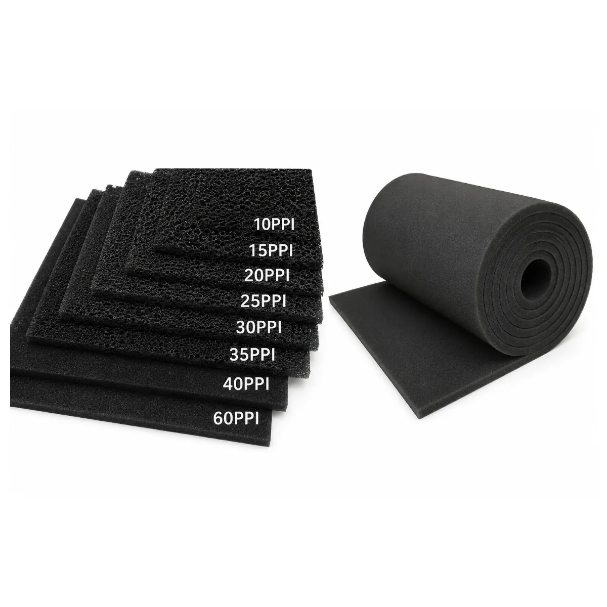 Open cell polyurethane foam filter media available in multiple PPI grades for air filtration applications.