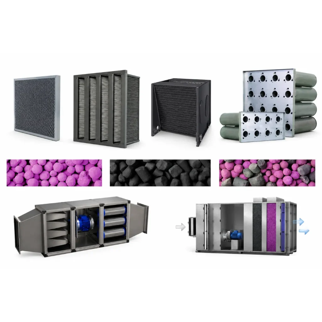 Industrial gas phase filtration system showing panel filters, V-bank filters, activated carbon modules, carbon cartridge filters and adsorption media for VOC removal, odor control and clean air applications.