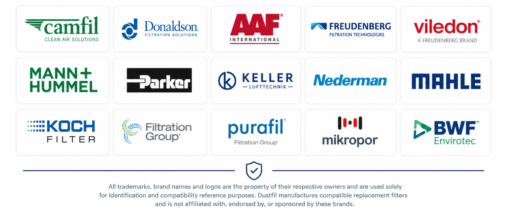 Compatible OEM filter brands including Donaldson, Camfil, AAF, Freudenberg, Parker, MANN+HUMMEL, Keller Lufttechnik, Nederman, Koch Filter, Purafil, Mikropor and BWF Envirotec.